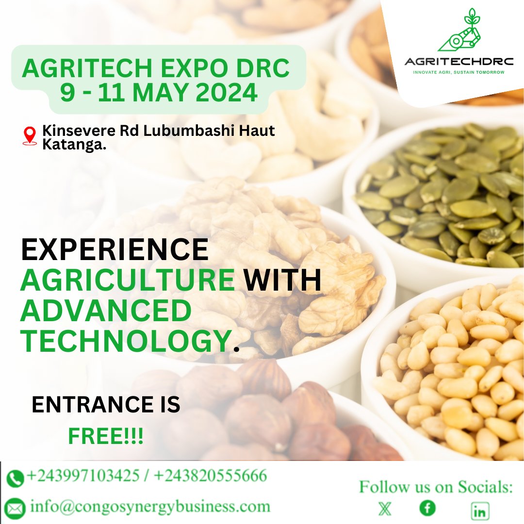 agritechexpodrc's tweet photo. Join us at the #Agritechdrc2024 and explore the latest innovations shaping the future of farming. Don't miss out on this chance to showcase your brand and connect with potential buyers!

🗓 Date: 9-11 May 2024
📍 Venue: Kinsevere Rd Lubumbashi Haut Katanga.

#Agritech https://t.co/mwy8Vuuny5