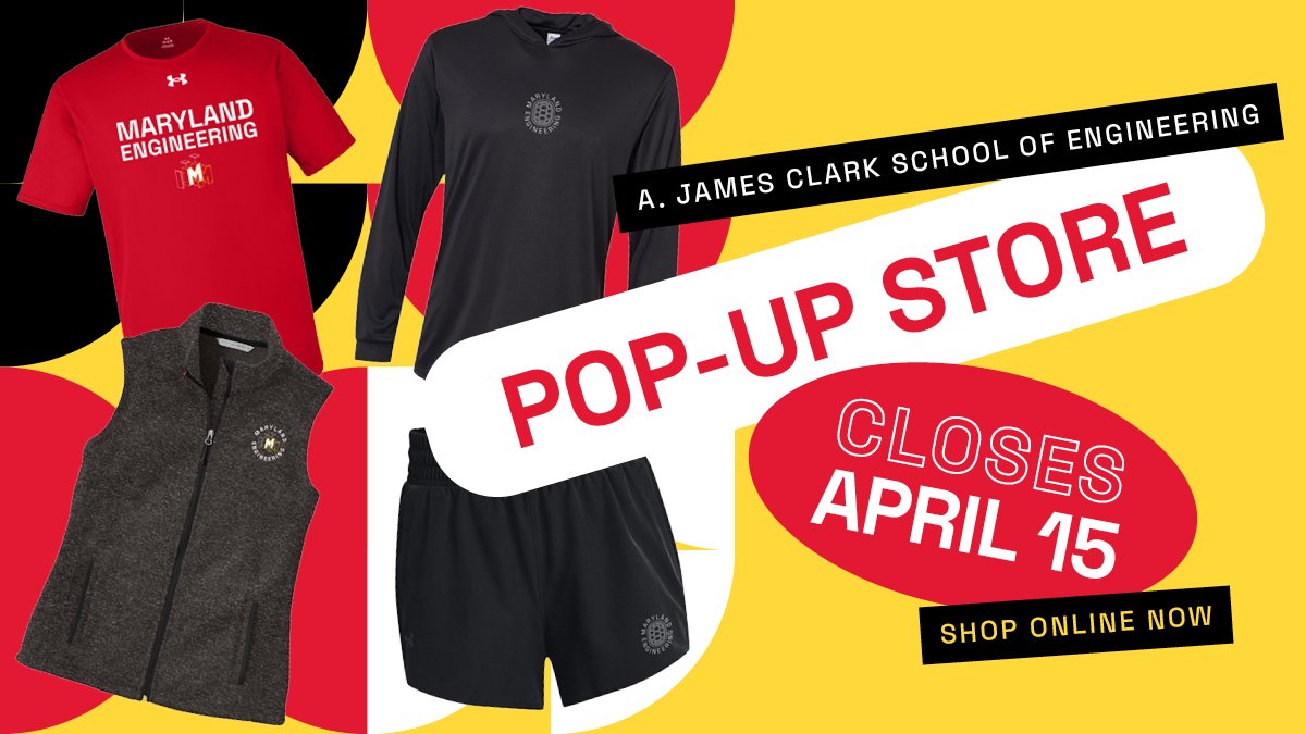 You have one week left! ⌛ Don't miss your chance to flaunt your Clark School pride! Get your Maryland Engineering shirts, shorts, insulated tumblers, plus other apparel and accessories all available at our online pop-up store. 🛍️ Shop now: go.umd.edu/store