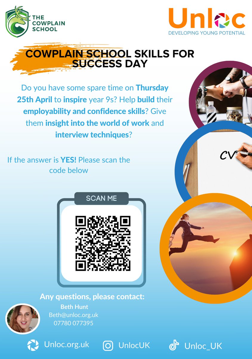Can you help? We're running a #Skills for #Success Day on 25 April & are seeking #employees or #entrepreneurs to #inspire #YoungPeople from @Cowplain_School. Sign up here:  wkf.ms/3PEkQVd or scan the #QR code below!