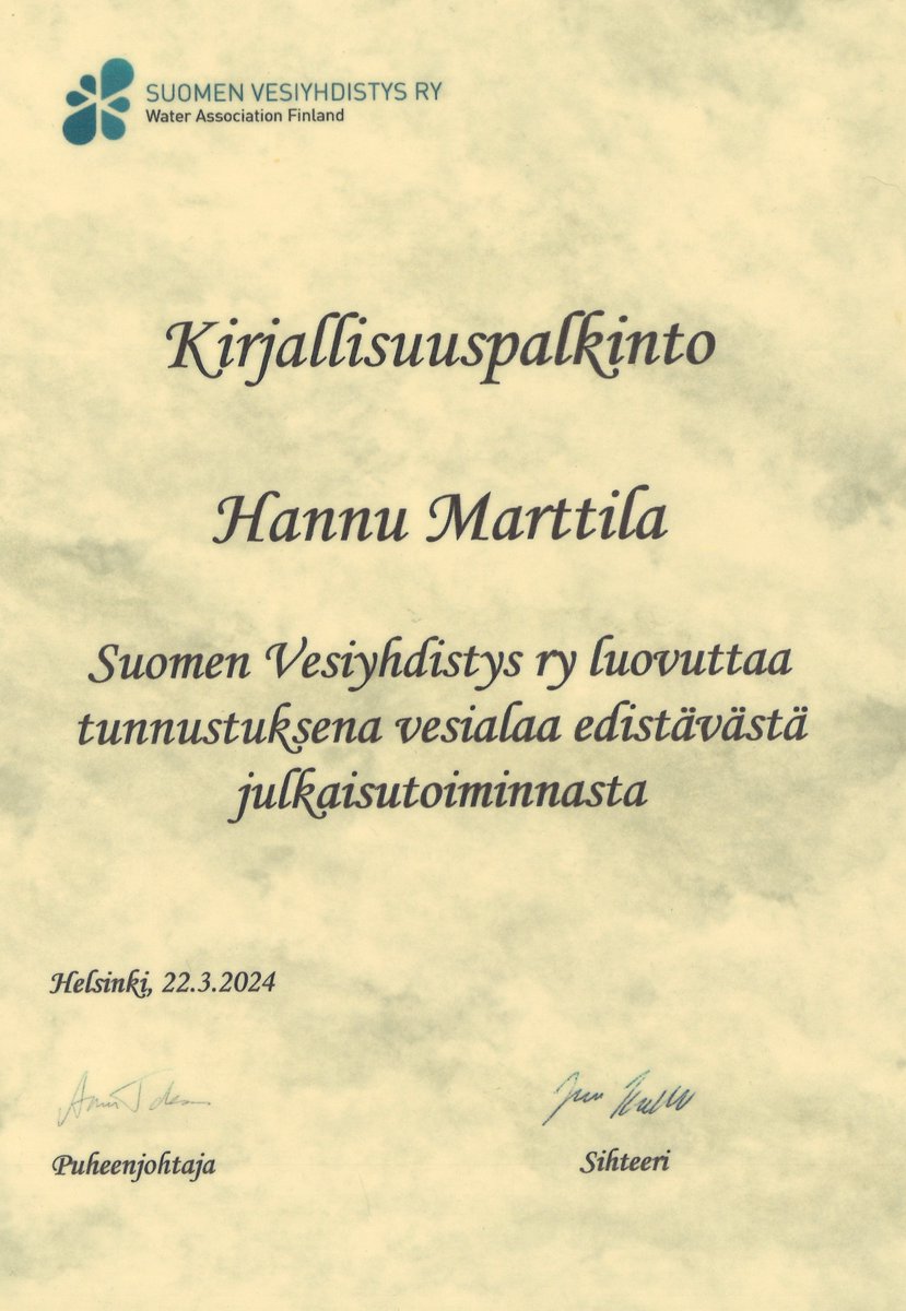 Kiitokset Suomen vesiyhdistykselle vuoden 2024 kirjallisuuspalkinnon saamisesta ja tunnustuksesta vesialla edistävästä julkaisutoiminnasta.