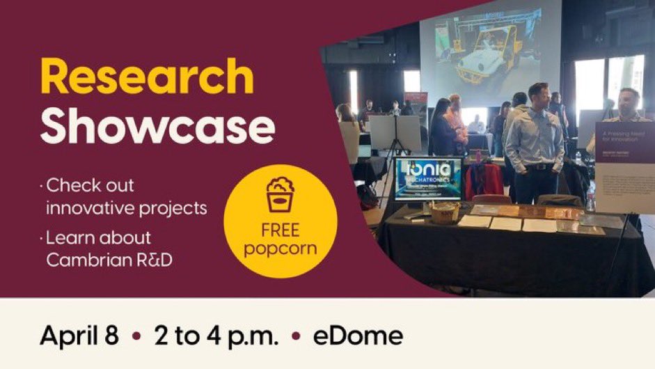 Cambrian’s Research & Innovation week kicks off today. Our first activity is our Research Showcase. Join us today from 2-4pm in the eDome to explore some of @CambrianRD’s projects from the past year and be entered to win a door prize. Details: tinyurl.com/c5czrc54