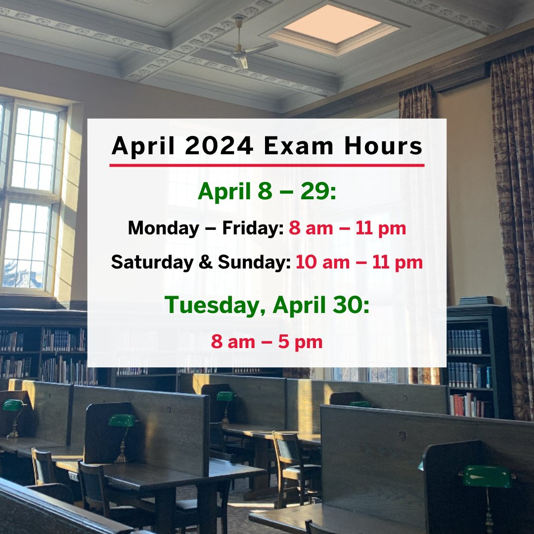 Starting today, we will be extending our hours for exams! Our hours are now:

April 8-29:
• Monday-Friday: 8 am - 11 pm
• Saturday &amp; Sunday: 10 am - 11 pm

Tuesday, April 30:
• 8 am - 5 pm

Best of luck on your exams! 📚💡

#HuronLibrary #HuronULibrary