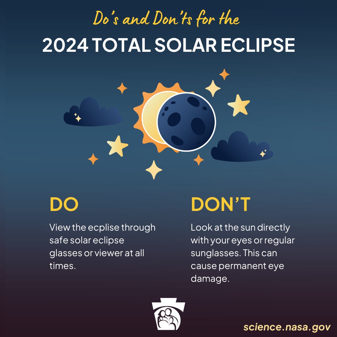 Today's the day, PA! If you plan to view today's total #solareclipse, here are some important safety guidelines to follow: 🌞🧵⤵️ View the Sun only through eclipse glasses or a handheld solar viewer during the partial eclipse phases before and after totality. #SolarEclipse2024