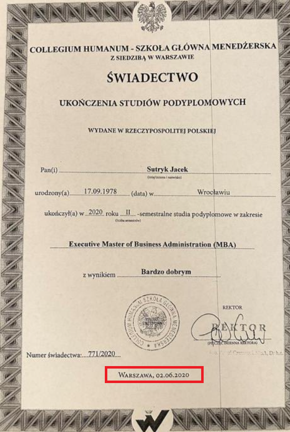 Prezydent Wrocławia <a href="/SutrykJacek/">Jacek Sutryk</a> opublikował dowód wpłaty za dyplom MBA na Collegium Humanum. 

🔹22.04.2020 rok - data przelewu. 
🔹02.06.2020 rok - data wystawienia dyplomu. 

Pojętny uczeń.