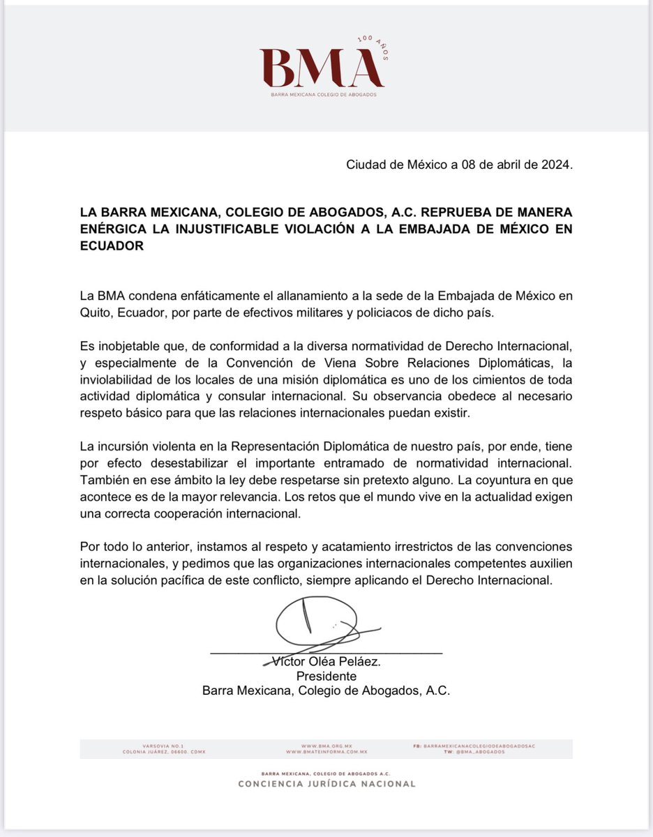La Barra Mexicana contra la inviolabilidad de las sedes diplomáticas y la plena vigencia del derecho internacional
