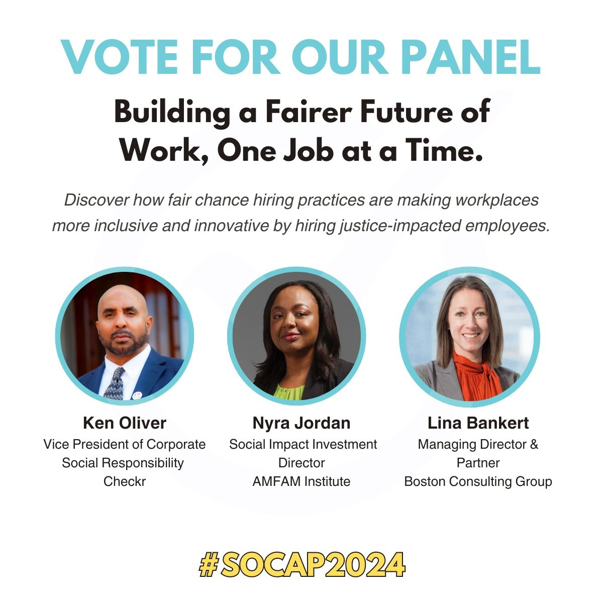 During #SecondChanceMonth, vote for a #SOCAP24 panel with my @AmFam colleague, Nyra Jordan, who's spotlighting fair-chance hiring and creating greater employment opportunities for justice-impacted workers. Vote by April 14!  #iWork4AmFam bit.ly/3TSlfVy