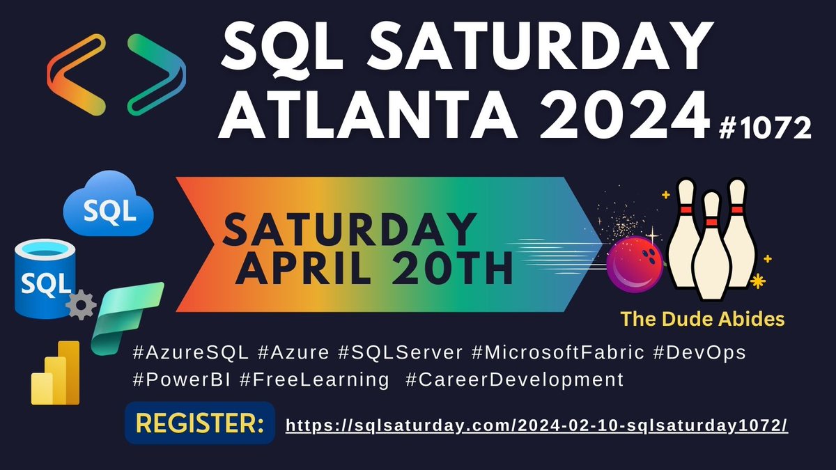 SQL Saturday Atlanta is coming up on April 20th. This is a one day in-person learning event for #AzureSQL #Azure #SQLServer #MicrosoftFabric #DevOps #PowerBI #CareerDevelopment and more! Register here: sqlsaturday.com/2024-04-20-sql… #SQLSaturday #SQLSaturdayATL