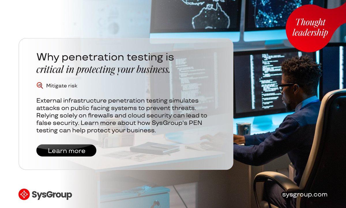 SysGroupPLC's tweet image. Strengthen your business with SysGroup.

In today&apos;s dynamic cyber landscape, safeguarding your business is non-negotiable. Uncover the significance of penetration testing and never leave your security to chance. 

Learn more: bit.ly/3No9rXY

#CyberSecurity #PenTest