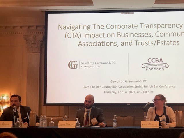 Thank you to all who attended the @CCBarAssoc's Spring Bench Bar Conference. It was our pleasure to present on the #CorporateTransparencyAct's impact on businesses, #communityassociation(s) and trusts/estates with attorneys James Doyle, Gordon Prince and Kristen Bennett.