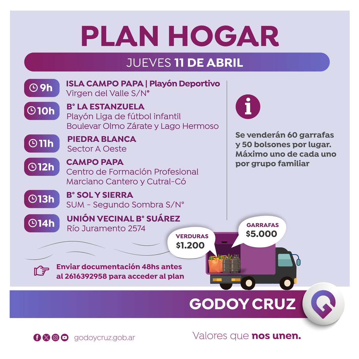 MuniGodoyCruz's tweet photo. ✅ El programa #PlanHogarGC continúa su recorrido. Vecinos/as pueden acceder a garrafas y bolsones de verduras a precios accesibles.
📲 Conocé el cronograma completo: https://t.co/micEbk8HaT https://t.co/hxk2YwAGiM