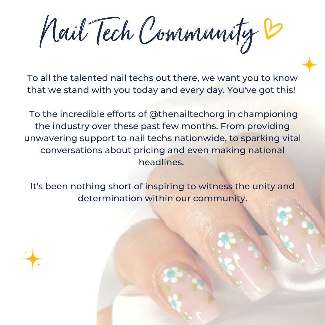 To all the talented nail techs out there, we want you to know that we stand with you today and every day. You've got this! 

It's been nothing short of inspiring to witness the unity and determination within our community.

 #thenailtechorg #nationalnailtechpriceincrease