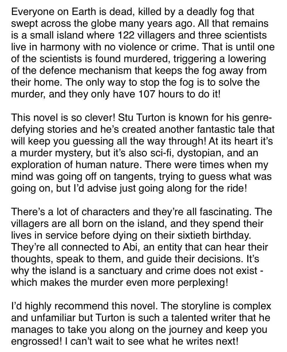 #TheLastMurderAtTheEndOfTheWorld by @stu_turton has style and substance! Not only does it look amazing, it’s a magnificent, genre-defying story and I think you should all read it. Please share to spread the word as The Times sadly didn’t publish their bestseller list this week!