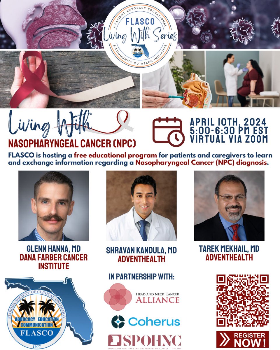 Our friends at FLASCO are hosting a free educational program (April 10th) for patients and caregivers to learn and exchange information regarding a Nasopharyngeal Cancer (NPC) diagnosis. There's still time to register! Find out more here: …loncologyjune152017.growthzoneapp.com/ap/Events/Regi…