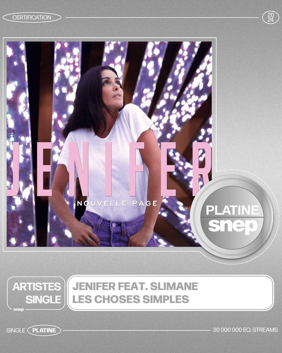 Le titre « Les choses simples » de Jenifer & Slimane est certifié Single Platine ! 💿 30 000 000 équivalents streams 🎧 Bravo ! 👏