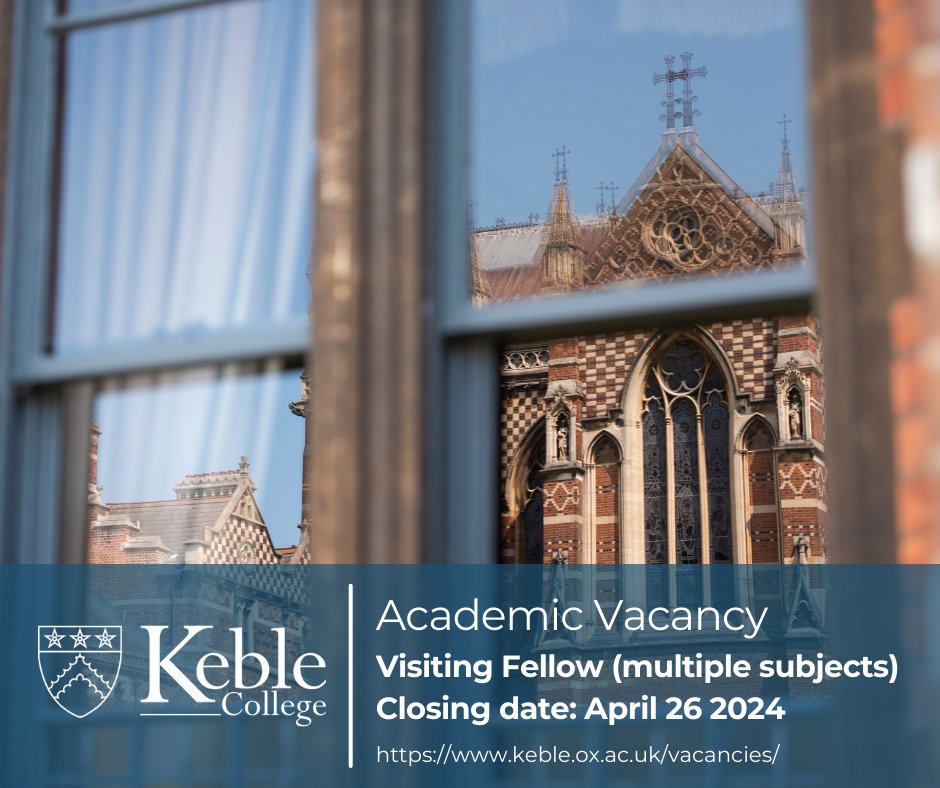 Keble College is seeking to appoint one or more Visiting Fellows from a broad range of subjects or fields for periods of one, two, or three University terms during the two years from January 2025. Closes noon, 26 April 2024. Find out more and how to apply: keble.ox.ac.uk/teaching-resea…