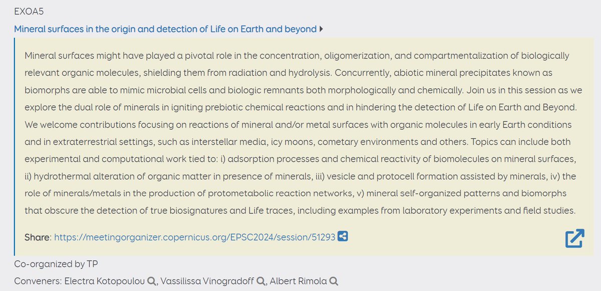 📢session EXOA5 ´Mineral surfaces in the origin and detection of Life on Earth and beyond´ at <a href="/europlanetmedia/">Europlanet 🇪🇺</a> #EPSC 2024, we welcome oral &amp; poster contributions on the following topics👉 meetingorganizer.copernicus.org/EPSC2024/sessi… <a href="/EAIastrobiology/">European Astrobiology Institute</a> <a href="/SFExobio/">S.F.Exobio</a> <a href="/astrobio/">Soon S. Kim</a> <a href="/theAGU/">AGU (American Geophysical Union)</a>  <a href="/oolen_org/">OoLEN</a>