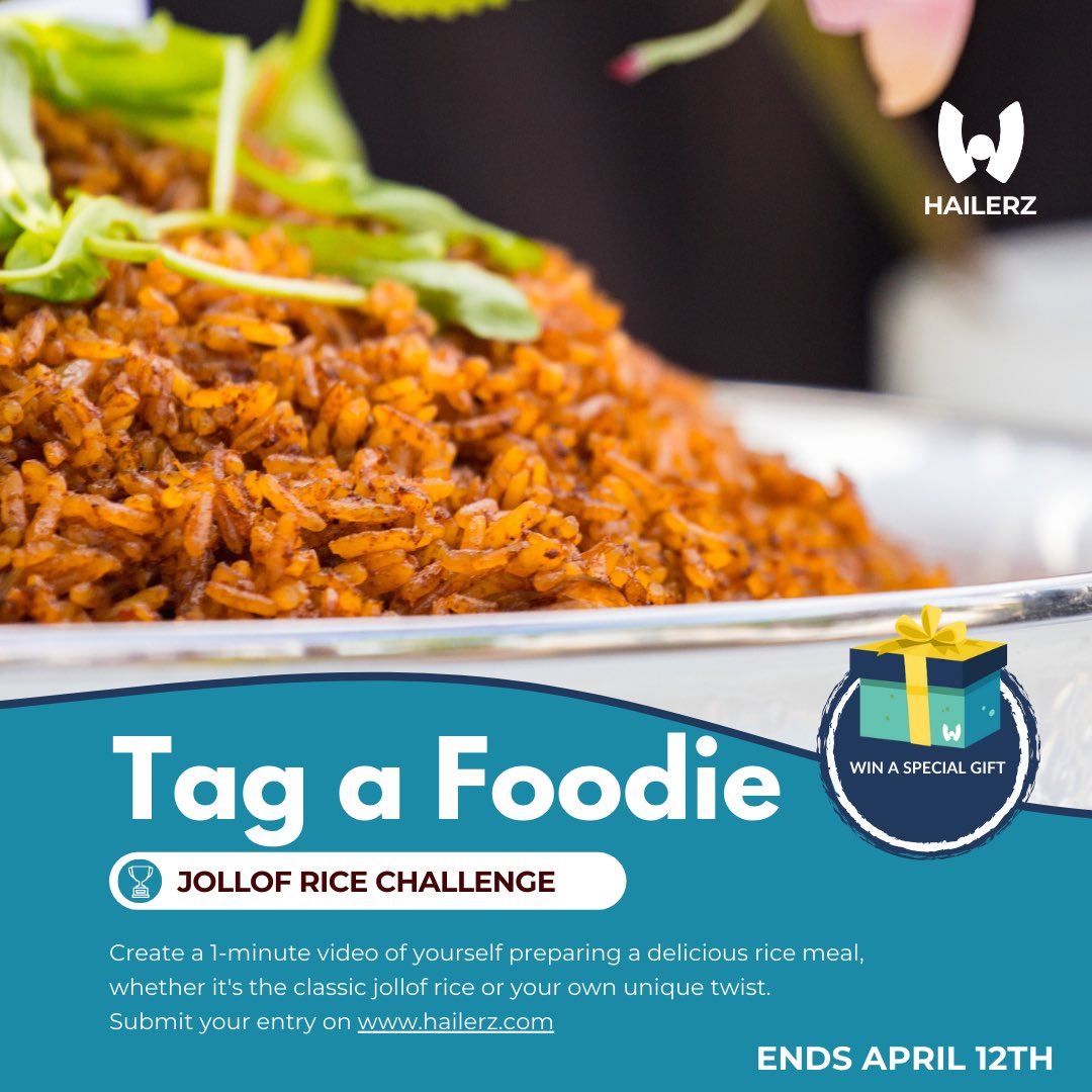 𝗟𝗲𝘁’𝘀 𝗣𝗹𝗮𝘆 𝗧𝗮𝗴! Tag a foodie and help them win a special gift.

Submit your entry on 𝘄𝘄𝘄.𝗵𝗮𝗶𝗹𝗲𝗿𝘇.𝗰𝗼𝗺 by Friday, April 12th, for a chance to win the prestigious Best Jollof award and receive a special gift.

#hailerzchallenges #foodie #jollofrice #challenge
