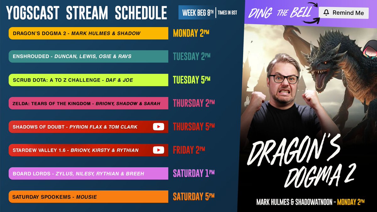 Another stellar week of streams kicking off with @shadowatno0n, @sherlock_hulmes, and some Dragon's Dogma 2!