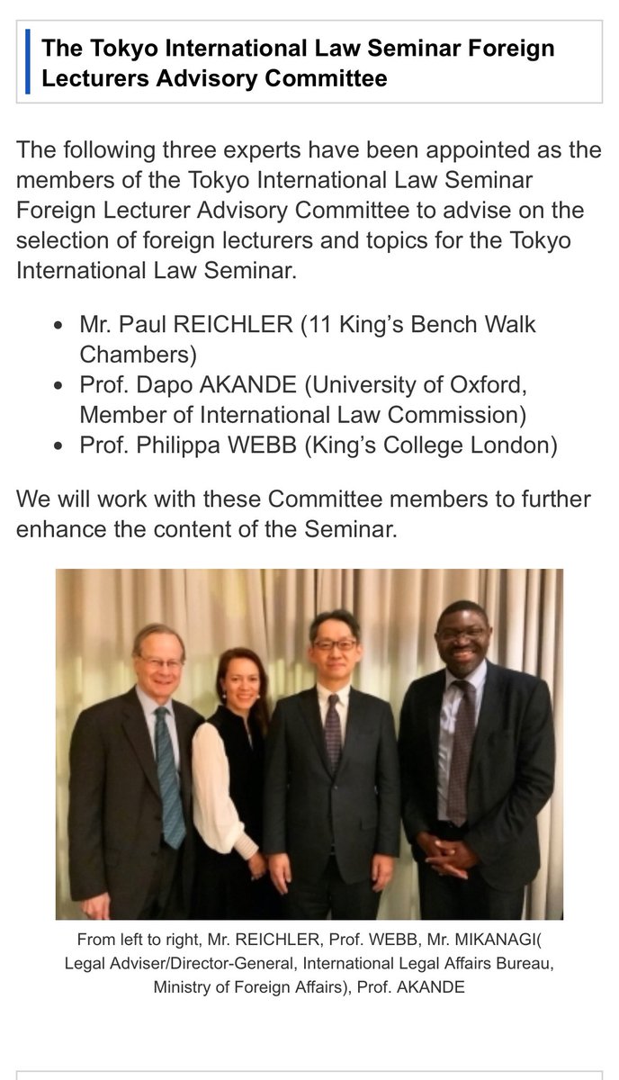 TomoMikanagi's tweet photo. From 2024 Tokyo International Law Seminar will be supported by the advisory committee of 3 renowned international law experts: Mr Paul Reichler, @DapoAkandeLaw and Prof Philippa Webb. Look forward to working closely with this wonderful new team!
https://t.co/j9Hh98w6HI https://t.co/WxXa1ze71V
