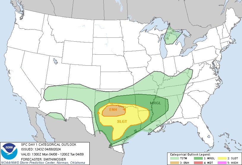 NWSSPC's tweet image. 7:45am CDT #SPC Day1 Outlook Enhanced Risk: for portions of northwest and north-central Texas spc.noaa.gov/products/outlo…