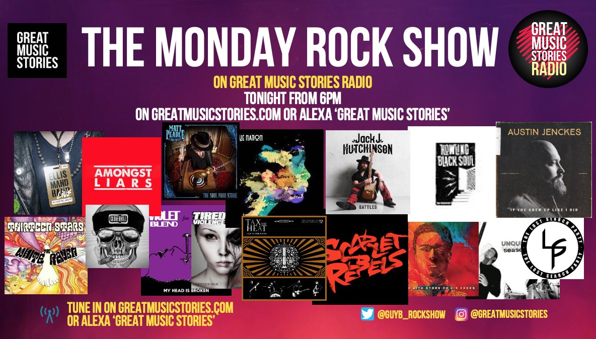 Rockshow tonight from 6pm. New tunes @ScarletRebels @bluenationmusic @The_LSP_Rock & sizzlers @HBStheband @mattpearceuk @13_Stars1 @JackJHutchinson @amongstliars @cloverhill_rock @AustinJenckes @VioletBlend @ellis_mano_band @UNQUIETNIGHTS & heaps more