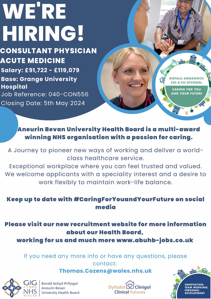 We are Recruiting! Consultant Physician Acute Medicine Are you interested? Apply today: healthjobsuk.com/job/UK/Newport… Closing date: 5th May 2024 Job Ref: 040-CON556 #ABUHB #Consultant #Acute #Medicine #NHSWales #NHSJobs #hiring