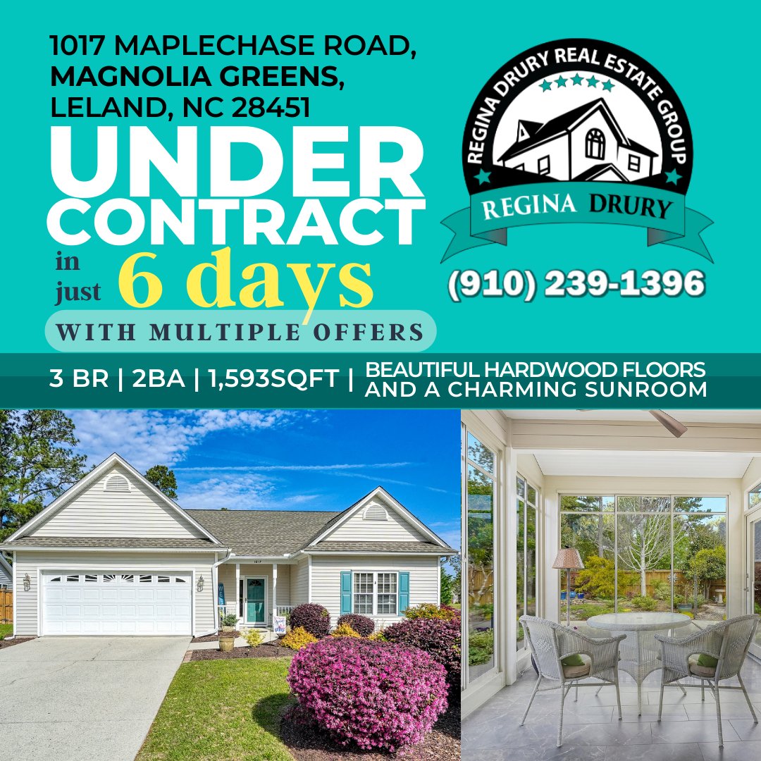 Another home has gone UNDER CONTRACT in just 6 DAYS!
1017 Maplechase Road in Magnolia Greens!
Don't settle for less! Sell your home with Regina Drury Real Estate Group.
Contact us at 910-239-1396 today. 
#ncrealestate #NorthCarolina #southeastNC #realtor