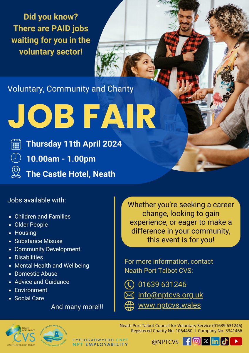Considering a career change? Leaving education soon and want to explore your options? Looking for a role where you can make a real difference? Come along to our Third Sector Job Fair this Thursday 11th April at the Castle Hotel in Neath!
