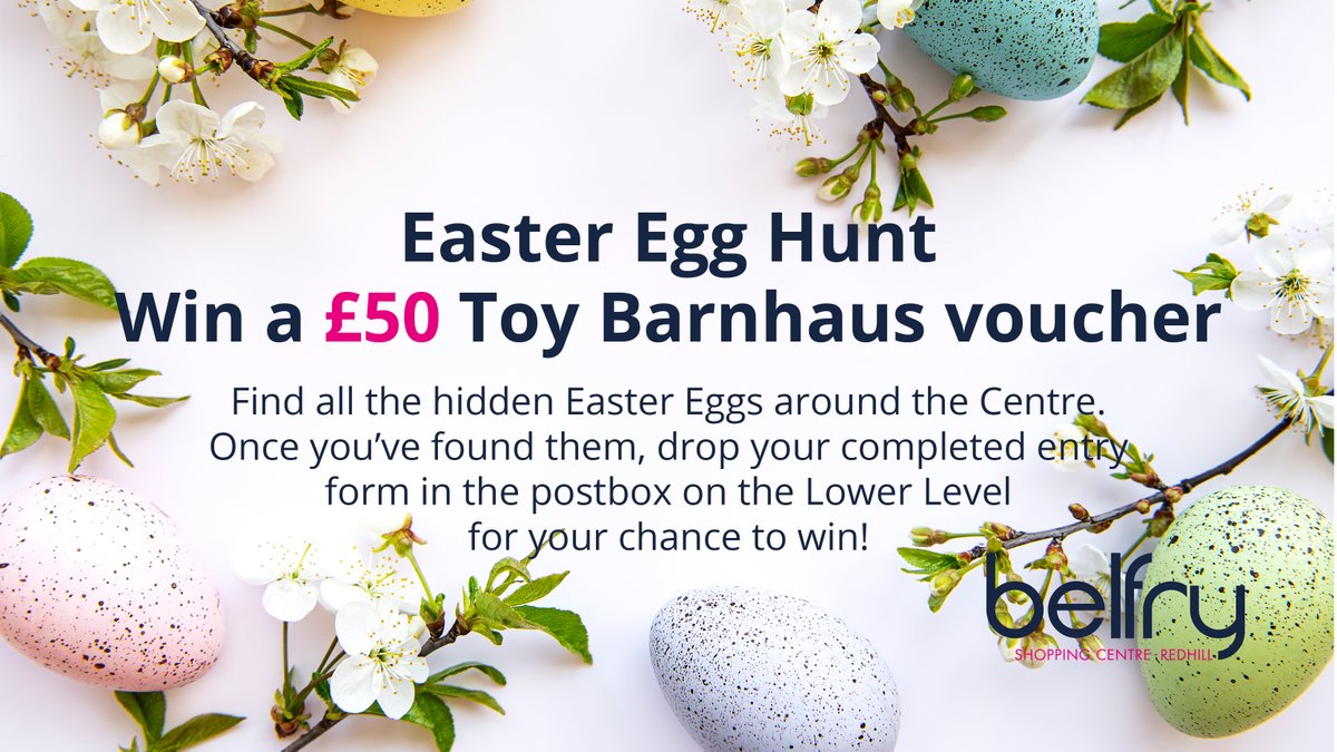 Take part in our Easter Egg Hunt by finding eggs throughout the centre and enter our competition to win a £50 voucher for Toy Barnhaus. Enter by dropping your completed entry form into the box on the Lower Level of the Belfry 🐣 redhillbelfry.co.uk/2024/03/12/eas… #CrackingBelfry