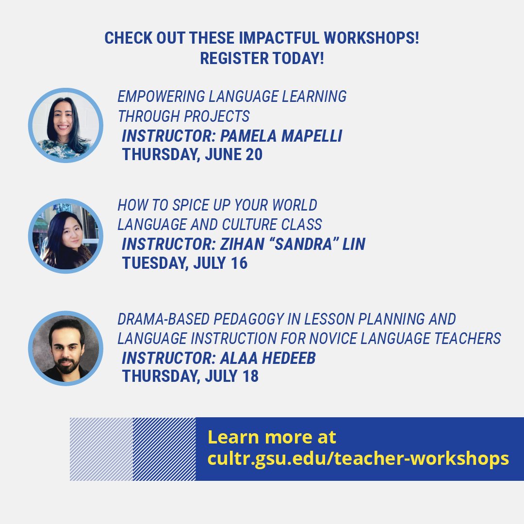The Summer 2024 Teacher Workshops series hosted by CULTR starts in June! We have exciting and impactful workshops for your professional development. Click the link to register and learn more! cultr.gsu.edu/teacher-worksh… #cultrlrcgsu #professionaldevelopmentforteachers #georgiastate