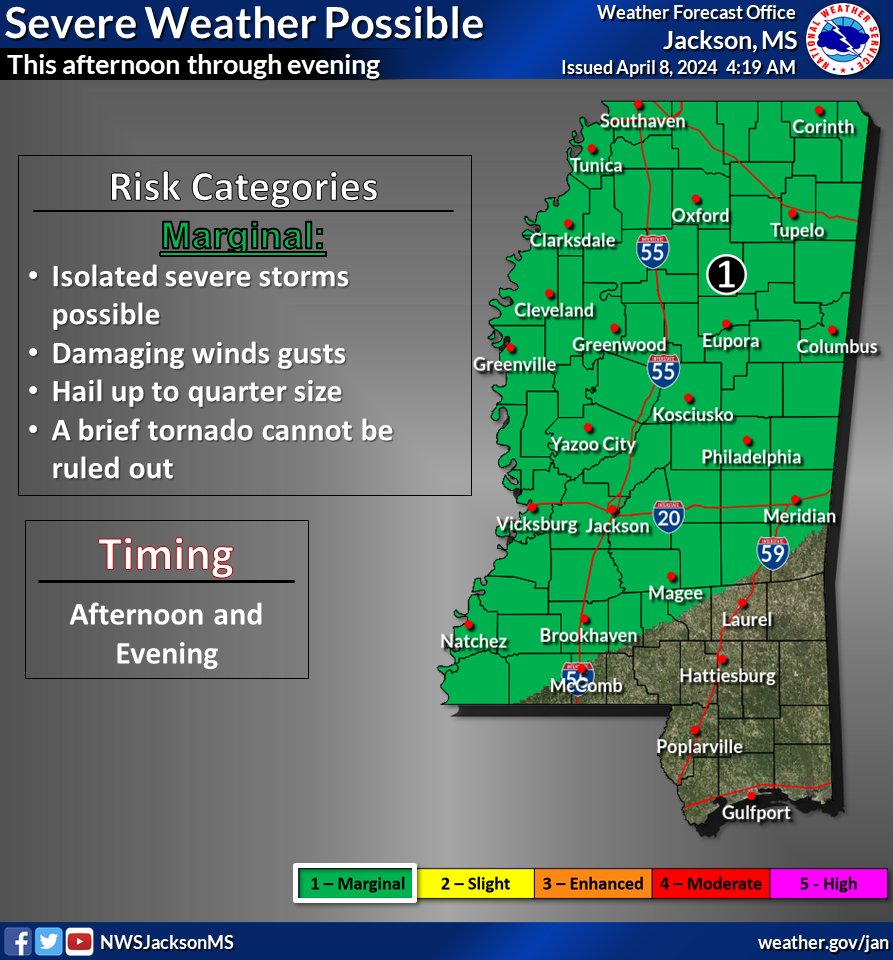 Severe weather is possible today (04/08/24) for a large portion of the state. Severe storms, damaging winds, and hail are possible. A tornado can't be ruled out. 📲Stay weather aware and monitor alerts. It's expected to be an active next few days.