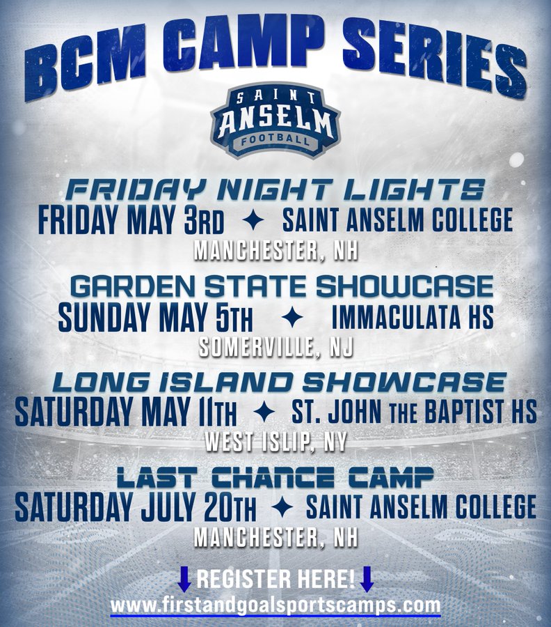 📍 New England 📍 New Jersey 📍 New York The #BCMCampSeries is coming to a place near you. Get coached and evaluated in front of coaches at all levels of college football. Register at 👇👇👇👇👇👇👇 firstandgoalsportscamps.com