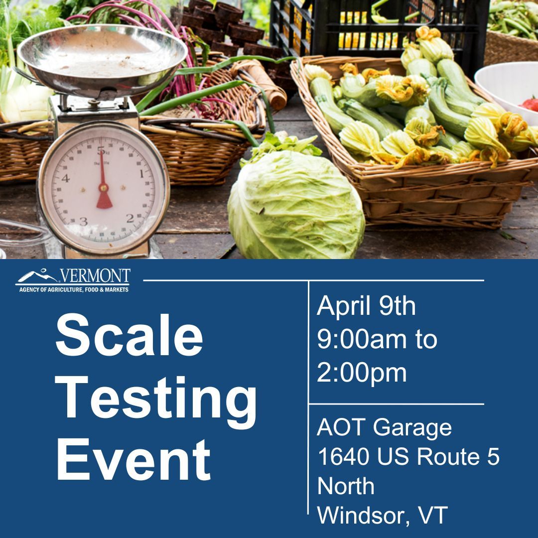 Scale testing event TOMORROW! If you use a scale at your market or farm stand to sell produce or other commodities, it must be tested and licensed. There is a testing event tomorrow, details below! Fill out a license application beforehand: buff.ly/4c9F6HS #VTAg