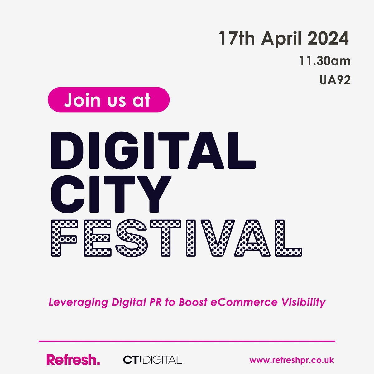 Join us at the Digital City Festival on April 17th from 11:30am at UA92, where we’ll explore the power of digital PR in boosting e-commerce visibility. Share your questions with us: docs.google.com/.../1FAIpQLSdU…... Link to blog: refreshpr.co.uk/digital-city-f…