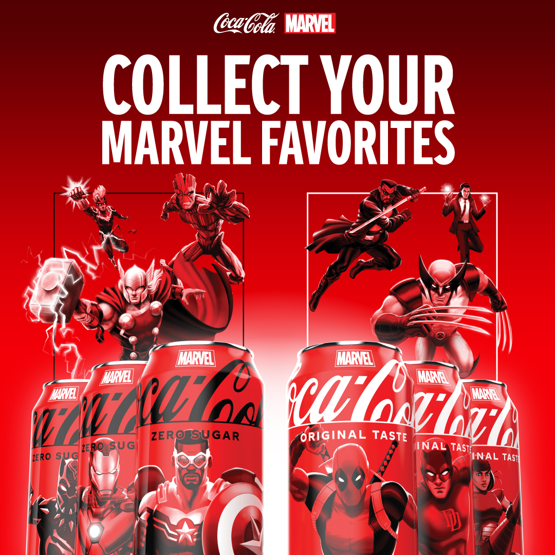 Coca-Cola and Marvel have teamed up to release new, limited-edition packaging! Over 35 unique Marvel character designs can be found on Coca-Cola and Coca-Cola Zero Sugar 12oz Sliim cans, 20oz bottles, and 12oz cans. Collect them all to assemble a Marvel Universe of your very own.