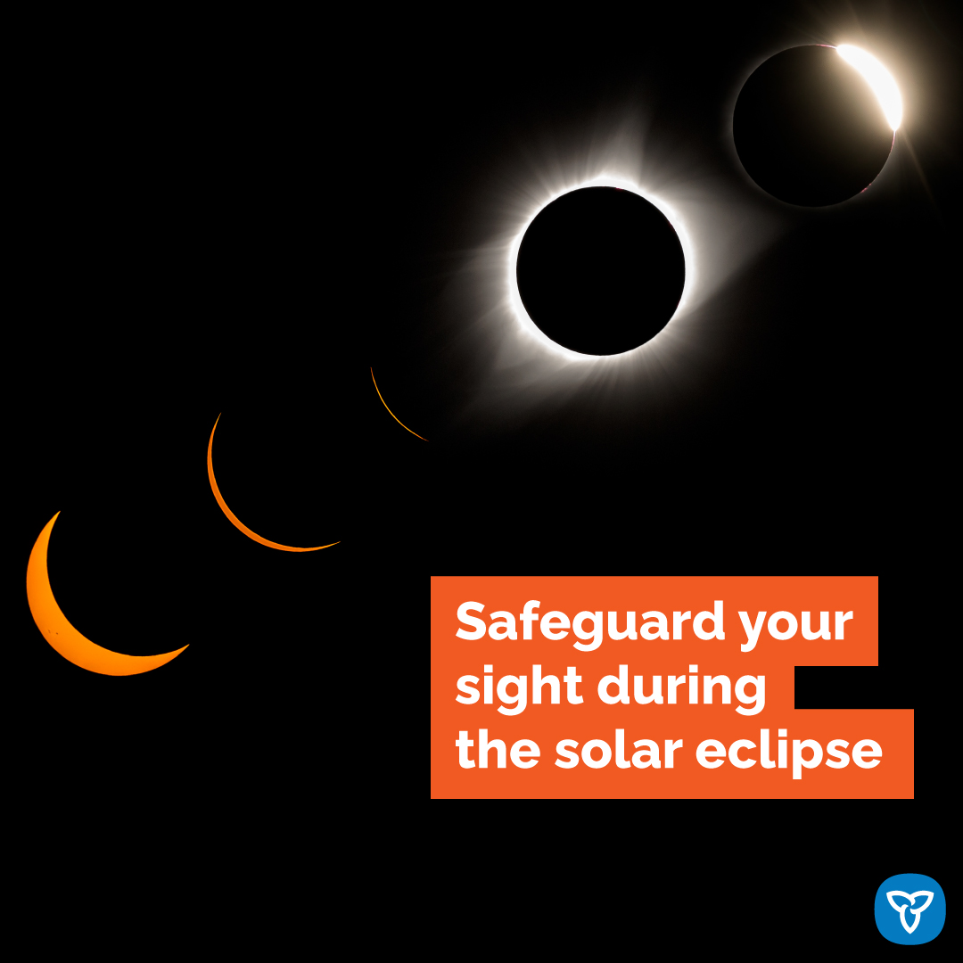 Today, a #TotalSolarEclipse will be visible in parts of Ontario between 2:00-4:30 p.m. Take precaution and avoid looking at the sun unless you are wearing glasses that meet the ISO 12312-2 standard. Observing the eclipse without this protective eyewear is harmful to your vision.