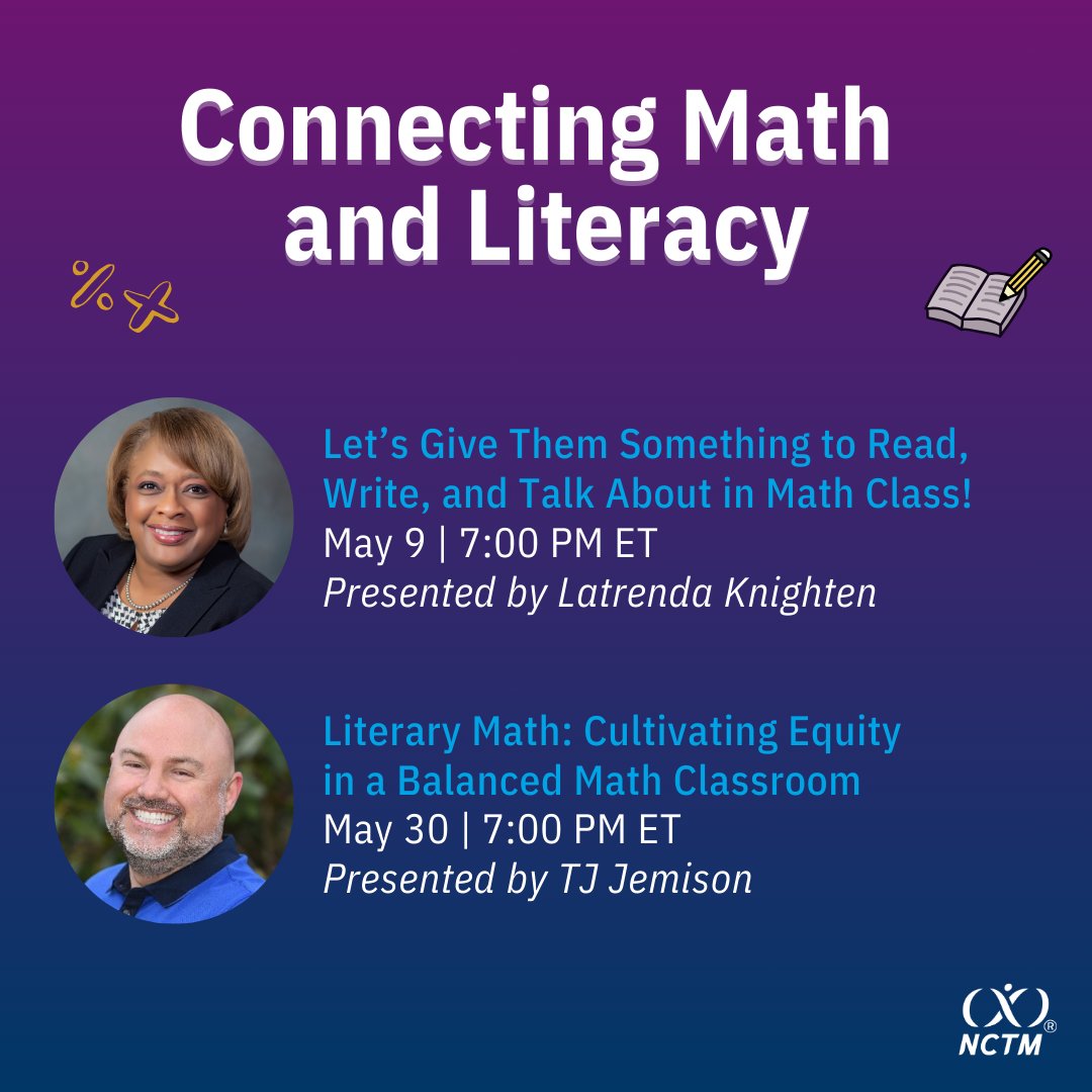 ICYMI 👉 We are hosting two webinars on connecting #math and #literacy, presented by NCTM President-Elect @LatrendaK and @teedjvt. Sign up here: nctm.link/webinars