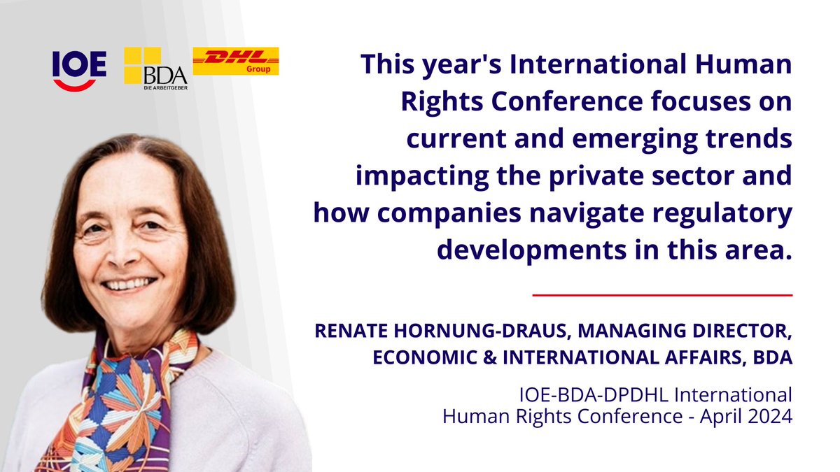 Two weeks until the IOE-@DieBDA-@DHLGlobal 2024 International Conf. on #BizandHumanRights Leading global, regional and national multistakeholders voices will discuss latest insights, policy developments & business preparedness in the field Stay tuned 👉 bit.ly/BizHumanRights…