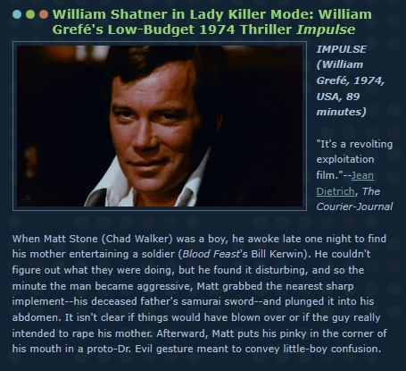 It isn't The Intruder and it isn't Incubus, but Impulse, aka I Love to Kill, ranks among William Shatner's best films beginning with the letter 'I.' Seriously, it's a hoot. On the new, stacked @GrindhouseFilm Blu-ray set. @seattlecritics More: siffblog2.blogspot.com/2024/04/willia…