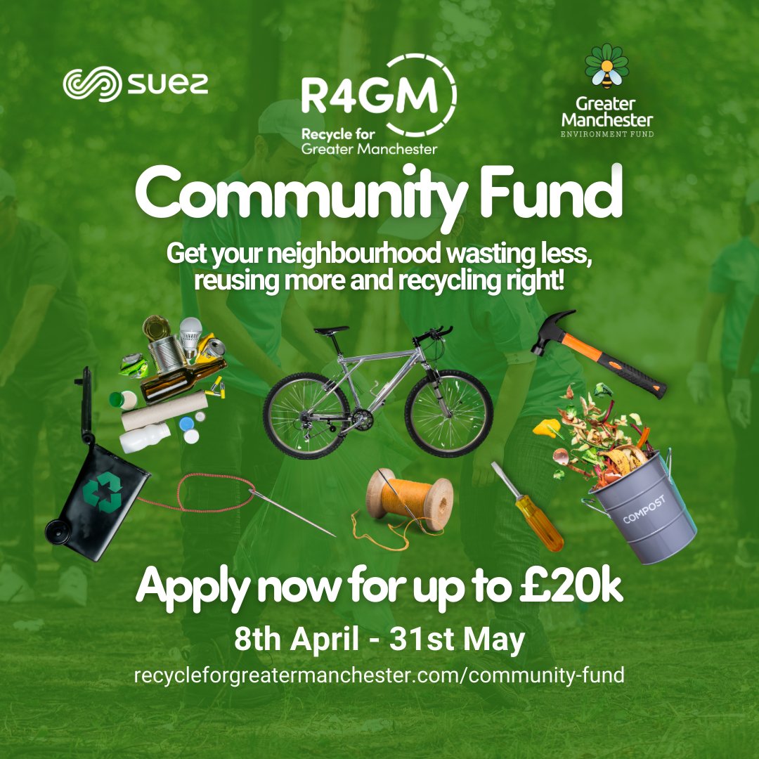 NOW OPEN! 📣 The @recycle4gm Community Fund is open for applications and has up to £20K available for projects that aim to waste less, reuse more and recycle right ♻ Interested? 👀 Visit recycleforgreatermanchester.com/community-fund/ to find out more @greatermcr #recycleforgreatermanchester #GMEF