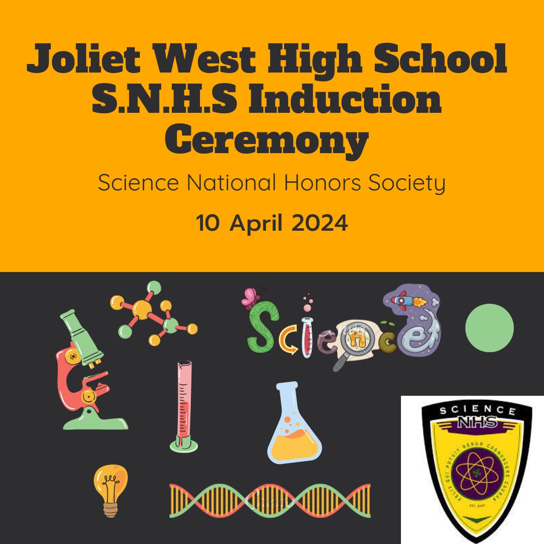 Joliet West Science Nationals Honors Society Induction Ceremony will be taking place on April 10th from 6-7pm. All inductees need to be there at around 5:30 to arrange seating accordingly. Please make sure to RSVP for your family and come support!! 💛🖤💚💜