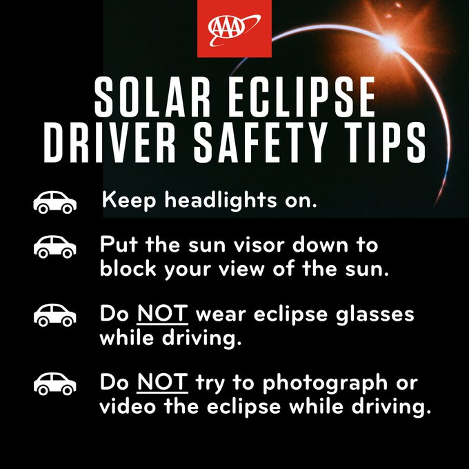 Today is the day that the moon and sun will put on a celestial show this afternoon. Drivers, stay alert, eyes on the road, not on the eclipse. If you want to watch the eclipse, get off the road to a safe area to stop & make sure you wear correct eye protection to view it.