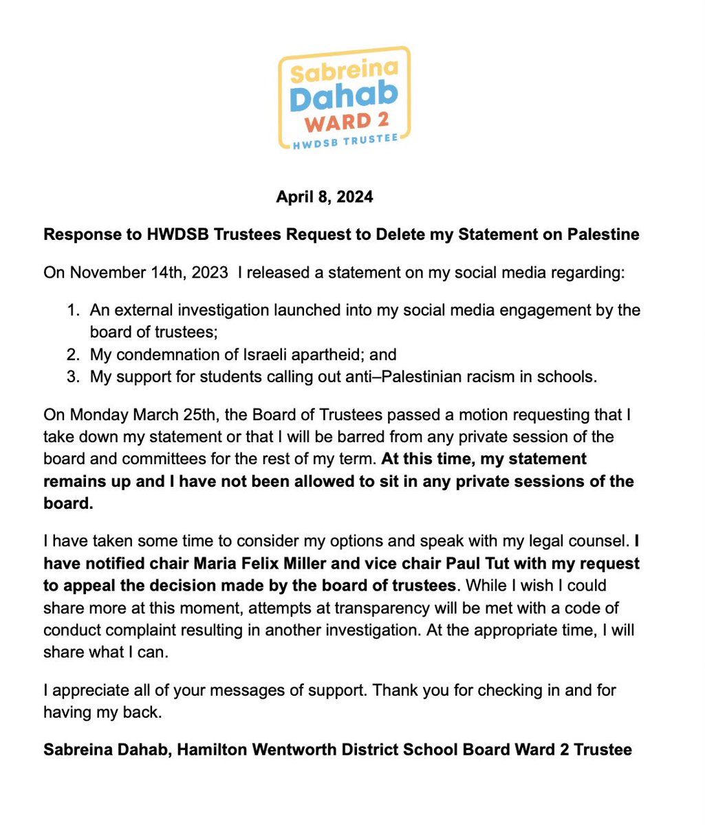 On Monday March 25th, the <a href="/HWDSB/">HWDSB</a> trustees passed a motion requesting that I take down my statement on Palestine or I will be barred from any private session of the board and committees for the rest of my term.

Please see my statement below. 

1/2

#HamOnt #onted