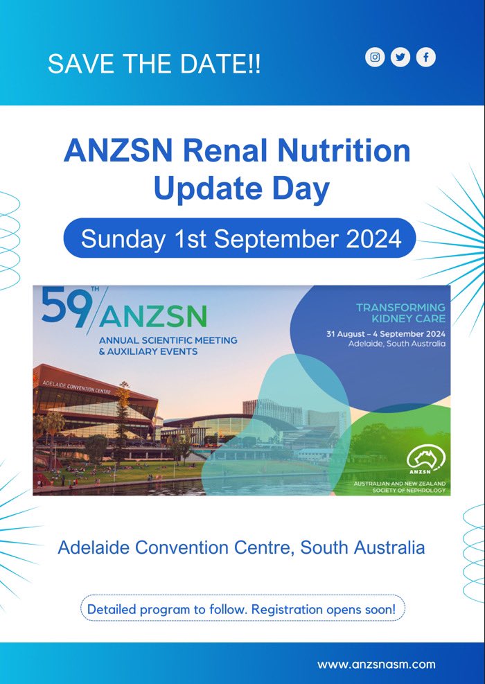 ANZSN Renal Nutrition Update Day! SAVE the date: 🗓️ Sunday 1st Sept ‘24 in our beautiful city of Adelaide ☀️ … …more details to follow