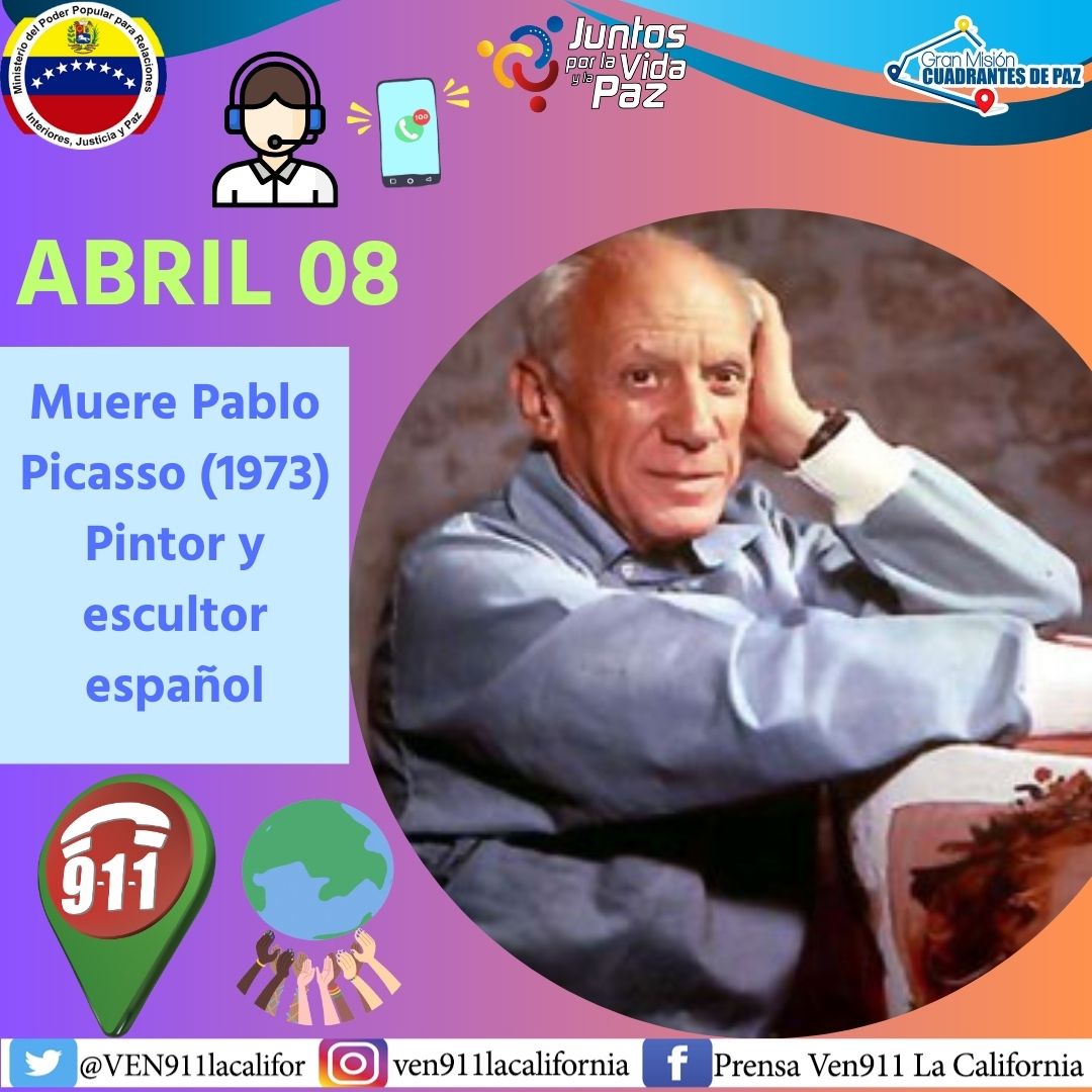 #08Abr del año 1973 Fallece Pablo Picasso.
Pintor y escultor español, creador, junto con Georges Braque, del cubismo, uno de los pintores más destacados del siglo XX, creador de enigmáticas obras, legado para las generaciones. #VEN911SomosTodos #UniónPatriótica