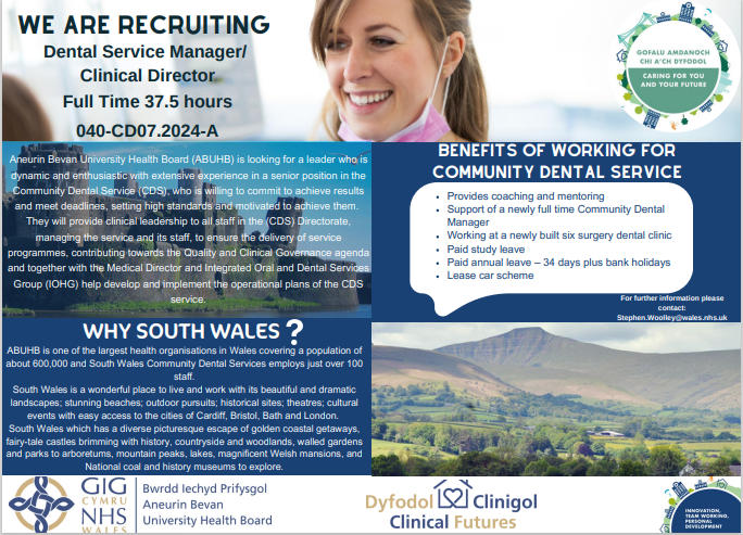 We are Recruiting! Dental Service Manager/Clinical Director Are you interested? Apply today: healthjobsuk.com/job/UK/Newport… Closing date: 6th May 2024 Job Ref: 040-CD07.2024-A #ABUHB #Consultant #Dental #ClinicalDirector #NHSWales #NHSJobs #hiring