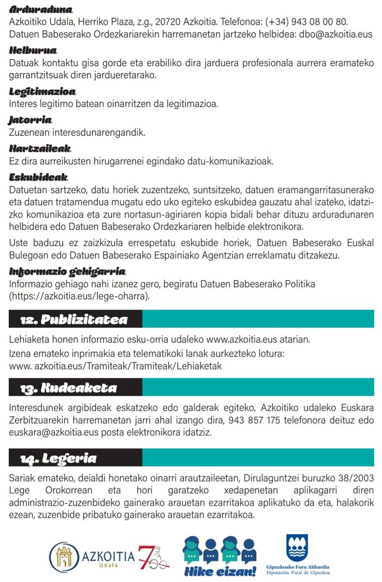 III. Hike eizan! Bertsopaper Lehiaketie MARTXAN!

3️⃣ maila: 14 urte arte (gutxiñez 2 bertso eo 4 kopla), 15 - 18 urte arte (gutxiñez 6 bertso)  eta 18+ (gutxiñez 8 bertso)

✉️ Lanak aurkezteko epie gaur hasi eta maiatzak 15 bukaukon/k. 

ℹ️ Informazixo gexoako irakurri oinarrixek