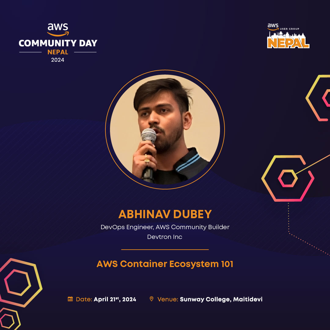 AwsugNepal's tweet photo. Introducing our Speaker!✨

We are delighted to announce Abhinav Dubey as a speaker for the AWS Community Day Nepal 2024.

Abhinav is an AWS Community Builder and DevOps Engineer at Devtron Inc.

🎫Book your tickets today: https://t.co/r5DrRyneYr

#awscommunity #aws https://t.co/1LF0MZ3j3l