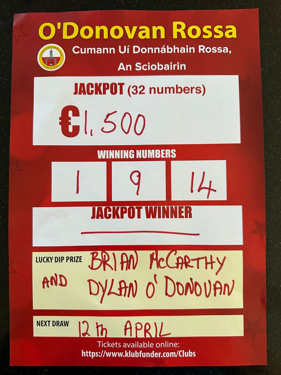 O'Donovan Rossa GAA Lotto Results for 5/04/2024: Next draw taking place Friday 12th of April. Tickets available in the usual local outlets or you can play online now: klubfunder.com/Clubs/O_Donova…