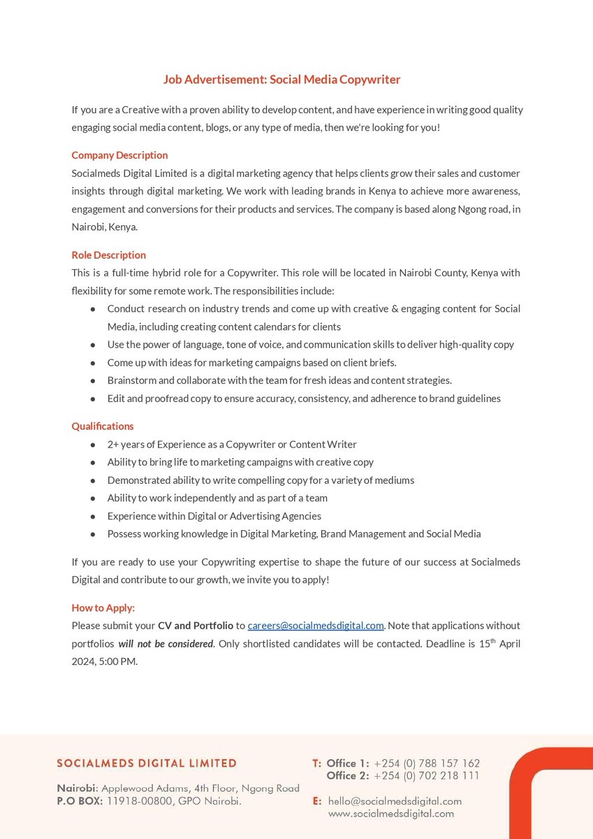 Socialmeds Digital (@socialmedsdgtal) on Twitter photo Are you a sharp, creative writer who thrives on crafting compelling advertising copy? We are looking for you! Send your CV and portfolio to careers@socialmedsdigital.com by Monday, 15th April 2024, 5:00 pm for a chance to join our dynamic team as a Copywriter. Are you a sharp, creative writer who thrives on crafting compelling advertising copy? We are looking for you! Send your CV and portfolio to careers@socialmedsdigital.com by Monday, 15th April 2024, 5:00 pm for a chance to join our dynamic team as a Copywriter.